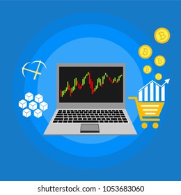 Cryptocurrency and blockchain, analysts and managers working on crypto start up.  vector illustration.