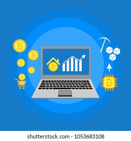 Cryptocurrency and blockchain, analysts and managers working on crypto start up.  vector illustration.