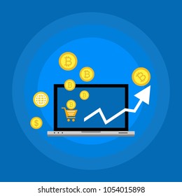 Cryptocurrency and blockchain, analysts and managers working on crypto start up.  vector illustration.