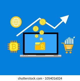 Cryptocurrency and blockchain, analysts and managers working on crypto start up.  vector illustration.