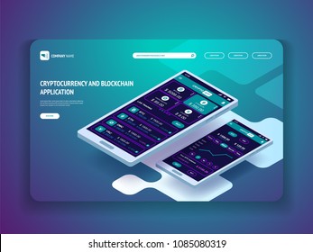 Cryptocurrency and blockchain application for smartphone. Header template for your website. Landing page. Vector isometric illustration 