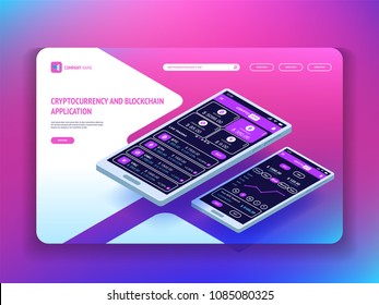 Cryptocurrency and blockchain application for smartphone. Header template for your website. Landing page. Vector isometric illustration 