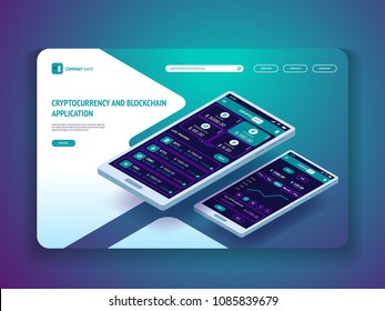 Cryptocurrency and blockchain application for smartphone. Header template for your website. Landing page. Vector isometric illustration 