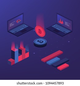 Cryptocurrency and blockchain. Bitcoin mining farm. Creating digital currency. Concept for landing page, web design, banner and presentation. 3d isometric flat design. Vector illustration