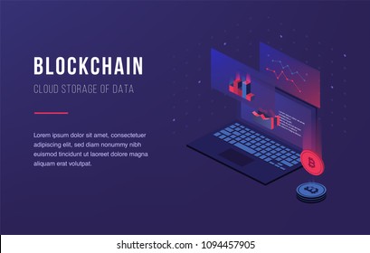 Cryptocurrency and blockchain. Bitcoin mining farm. Creating digital currency. Concept for landing page, web design, banner and presentation. 3d isometric flat design. Vector illustration