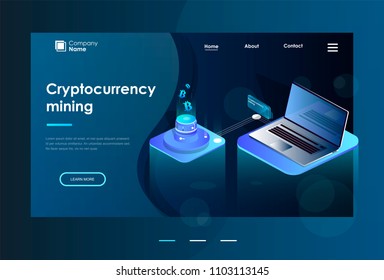 Cryptocurrency and blockchain. Bitcoin mining farm. Creating digital currency. Concept for landing page, web design, banner and presentation. 3d isometric flat design. Vector illustration.