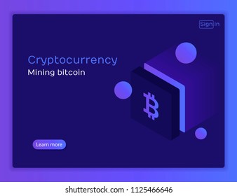 Cryptocurrency and blockchain. Bitcoin mining farm. Creating digital currency. Concept for landing page, web design, banner and presentation. 3d isometric flat design. Modern Vector illustration.