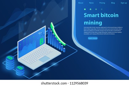 Cryptocurrency and blockchain. Bitcoin mining farm. Creating digital currency. Digital money market, investment, finance, trading. Perfect  web design, banner and presentation. Isometric vector.
