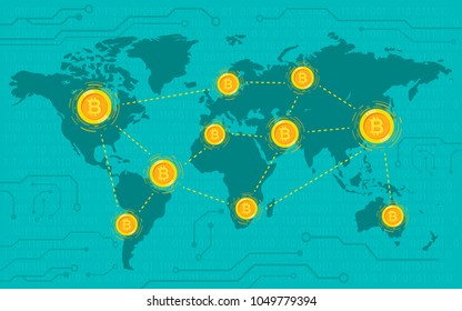 Cryptocurrency Blockchain and Bitcoin Technology. New Financial Technology. World Map Background Illustration.