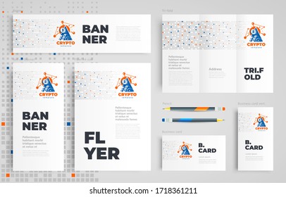 Cryptocurrency blockchain coin theme Set flyer cover, tri-fold, banner, roll up banner, business card