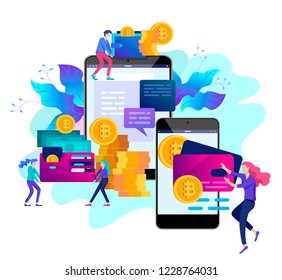 Cryptocurrency and blockchain composition with people, analysts and managers working on crypto start up