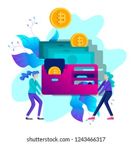 Cryptocurrency and blockchain composition with people, analysts and managers working on crypto start up. Bitcoin and cryptocurrency.