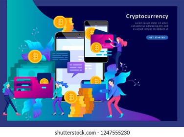 Cryptocurrency and blockchain composition with people, analysts and managers working on crypto start up