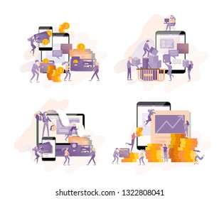 Cryptocurrency and blockchain composition with people, analysts and managers working on crypto start up