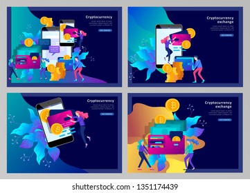 Cryptocurrency and blockchain composition with people, analysts and managers working on crypto start up