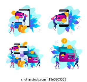 Cryptocurrency and blockchain composition with people, analysts and managers working on crypto start up