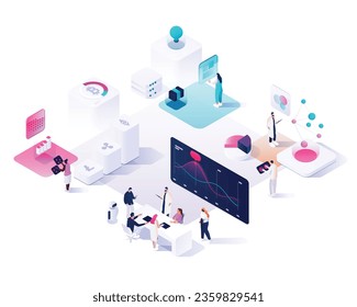 Cryptocurrency and blockchain composition with people, analysts and managers working in a team. Business, workflow management and office situations. Isometric vector illustration.