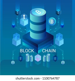 Cryptocurrency and blockchain concept, data powered center, cloud data storage isometric vector illustration. Web design, presentation banner.