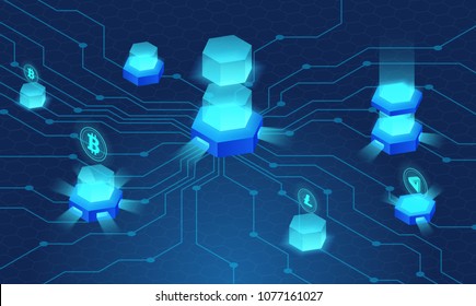 Cryptocurrency and blockchain concept, data web powered center, cloud data storage, neural network isometric vector illustration. Web design, presentation banner.