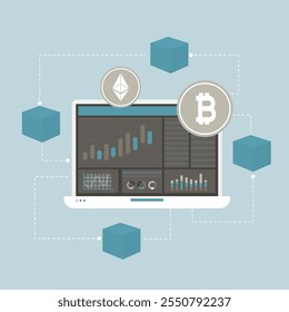 Concepto de criptomoneda y blockchain. Mercado monetario digital, inversiones, finanzas y comercio. Comercio electrónico, transacciones de bitcoin, mercado de criptomonedas para el intercambio de Bitcoin y monedas digitales