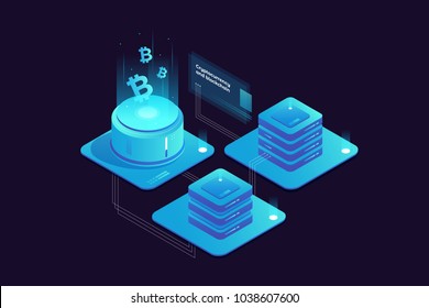Cryptocurrency and Blockchain concept. Farm for mining bitcoins. Digital money market, investment, finance and trading. Perfect for web design, banner and presentation. Isometric vector illustration.