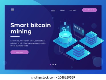 Cryptocurrency and Blockchain concept. Farm for mining bitcoins. Digital money market, investment, finance and trading. Banner design concept for landing page. Isometric vector illustration.