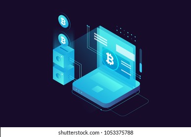Cryptocurrency and Blockchain concept. Farm for mining bitcoins. Digital money market, investment, finance and trading. Perfect for web design, banner and presentation. Isometric vector illustration.