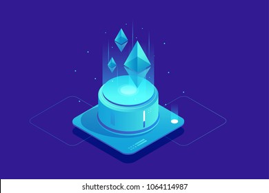 Cryptocurrency and Blockchain concept. Farm for mining Ethereum. Digital money market, finance and trading. Perfect for web design, banner and presentation. Isometric vector illustration. svg