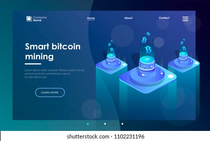 Cryptocurrency and Blockchain concept. Farm for mining bitcoins. Digital money market, investment, finance and trading. Banner design concept for landing page. Isometric vector illustration.