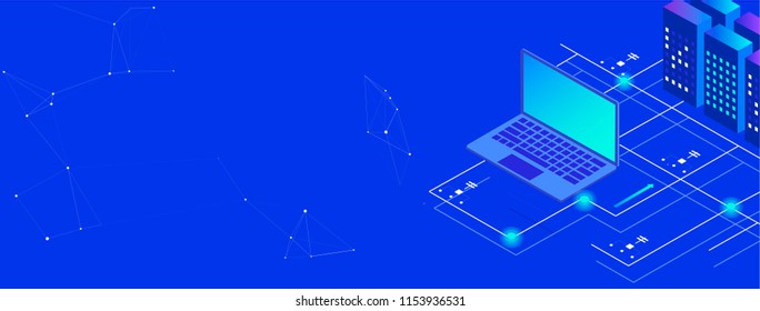Cryptocurrency and Blockchain concept. Farm for mining bitcoins. Digital money market, investment, finance and trading. Perfect for web design, banner and presentation. Isometric vector illustration.