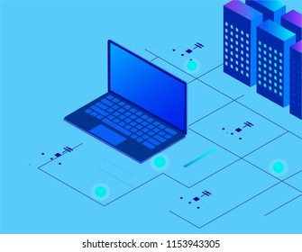 Cryptocurrency and Blockchain concept. Farm for mining bitcoins. Digital money market, investment, finance and trading. Perfect for web design, banner and presentation. Isometric vector illustration.