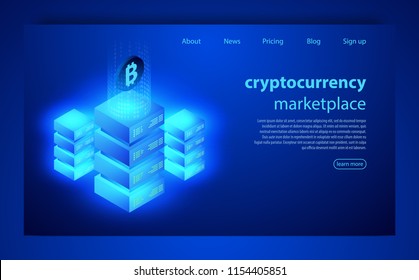 Cryptocurrency and Blockchain concept. Farm for mining bitcoins. Digital money market, investment, finance, trading. Isometric Cryptocurrency and Blockchain banner, processing big data, server room.