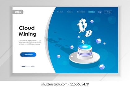 Cryptocurrency and Blockchain concept. Farm for mining bitcoins. Digital money market, investment, finance and trading. Banner design concept for landing page. Isometric vector illustration.