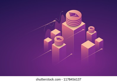Cryptocurrency and Blockchain concept. Farm for mining bitcoins. Digital money market, investment, finance and trading.