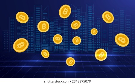 Cryptocurrency and blockchain concept, golden crypto coins on blue background, financial and investment in digital asset,   vector illustration