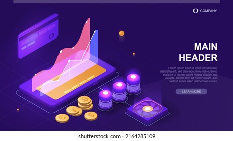 Cryptocurrency   Blockchain concept  Landing page and smartphone   farm for mining digital money bitcoin  Innovative investing  trading   making profit  Cartoon isometric vector illustration