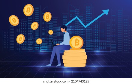 Cryptocurrency and blockchain concept, man buy and sell bitcoins on smartphone, financial and investment in digital asset,   vector illustration