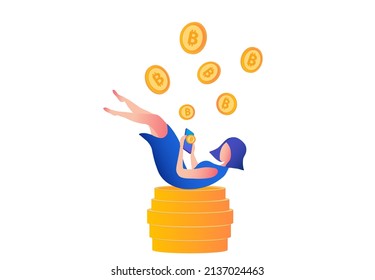 Cryptocurrency y blockchain concepto, el hombre compra y vende bitcoins en smartphones, financiera e inversión en activos digitales,   ilustración vectorial