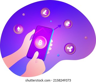 Cryptocurrency y blockchain concepto, el hombre compra y vende bitcoins en smartphones, financiera e inversión en activos digitales,   ilustración vectorial