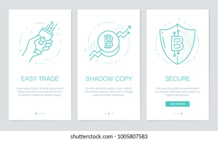 Cryptocurrency and Blockchain concept onboarding app screens. Modern and simplified vector illustration walkthrough screens template for mobile apps.