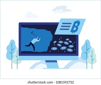 Cryptocurrency and Blockchain concept. vector illustration.Farm for mining bitcoins banner.Digital money market, investment, finance and trading.Perfect for web design