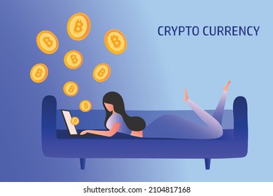 Cryptocurrency and blockchain concept, young woman buy and sell bitcoins on smartphone, financial and investment in digital asset, vector illustration