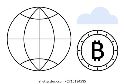 Criptomonedas, blockchain, economía digital, tecnología en la nube, redes globales, sistemas descentralizados. Globo, símbolo de Bitcoin e icono de la nube. Concepto de tecnología de criptomonedas y blockchain