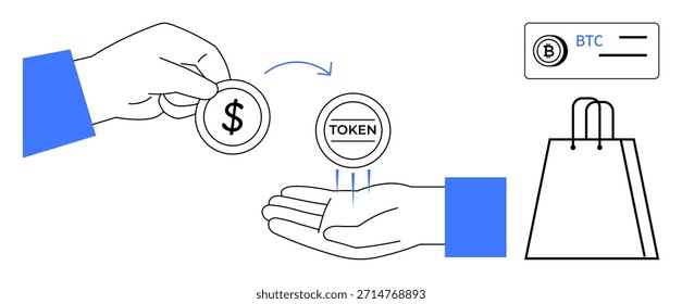 Criptomoneda, blockchain, pago digital, comercio electrónico, intercambio de tokens, transacciones en línea. Mano intercambiando moneda de dólar por token, Elementos de compras visibles. Criptomonedas y blockchain