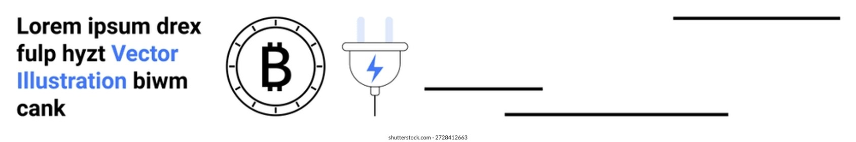 Criptomoeda, blockchain, pagamentos digitais, fintech, sistemas descentralizados, finanças globais. Símbolo Bitcoin circular ao lado de um plugue de energia elétrica. Conceito de tecnologia de criptomoeda e blockchain
