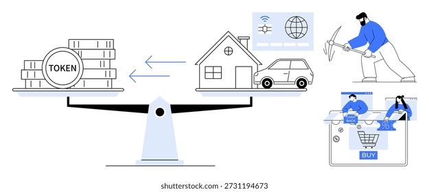 Criptomonedas, blockchain, comercio electrónico, inversión, economía digital, bienes raíces. Los tokens de Blockchain se equilibran con los activos del mundo real. Conceptos de criptomonedas y blockchain ilustrados