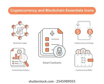 Iconos de Essentials de criptomonedas y cadenas de bloques: intercambio de criptomonedas, libro mayor de cadenas de bloques, cartera de criptomonedas, contratos inteligentes, análisis de datos financieros.