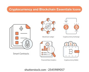 Iconos de Essentials de criptomonedas y cadenas de bloques: intercambio de criptomonedas, libro mayor de cadenas de bloques, cartera de criptomonedas, contratos inteligentes, análisis de datos financieros.