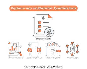 Cryptocurrency and Blockchain Essentials Icons: Cryptocurrency Exchange, Blockchain Ledger, Cryptocurrency Wallet, Smart Contracts, Financial Data Analytics.