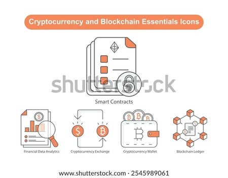 Cryptocurrency and Blockchain Essentials Icons: Cryptocurrency Exchange, Blockchain Ledger, Cryptocurrency Wallet, Smart Contracts, Financial Data Analytics.